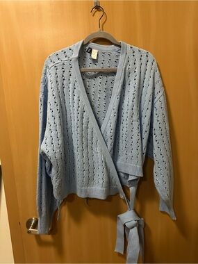 Divided Light Blue Knit Wrap V-Neck Sweater with Tie